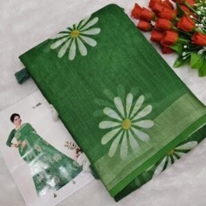 Pure Linen Cotton Sunflower Daisy Print Saree - Green