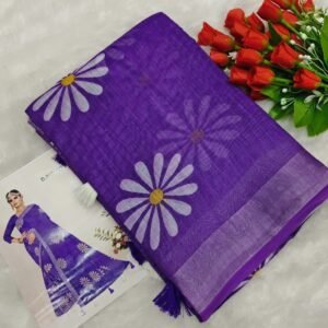 Pure Linen Cotton Sunflower Daisy Print Saree - Purple