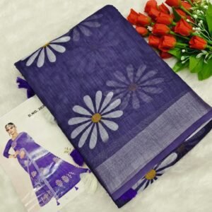 Pure Linen Cotton Sunflower Daisy Print Saree - Deep Purple