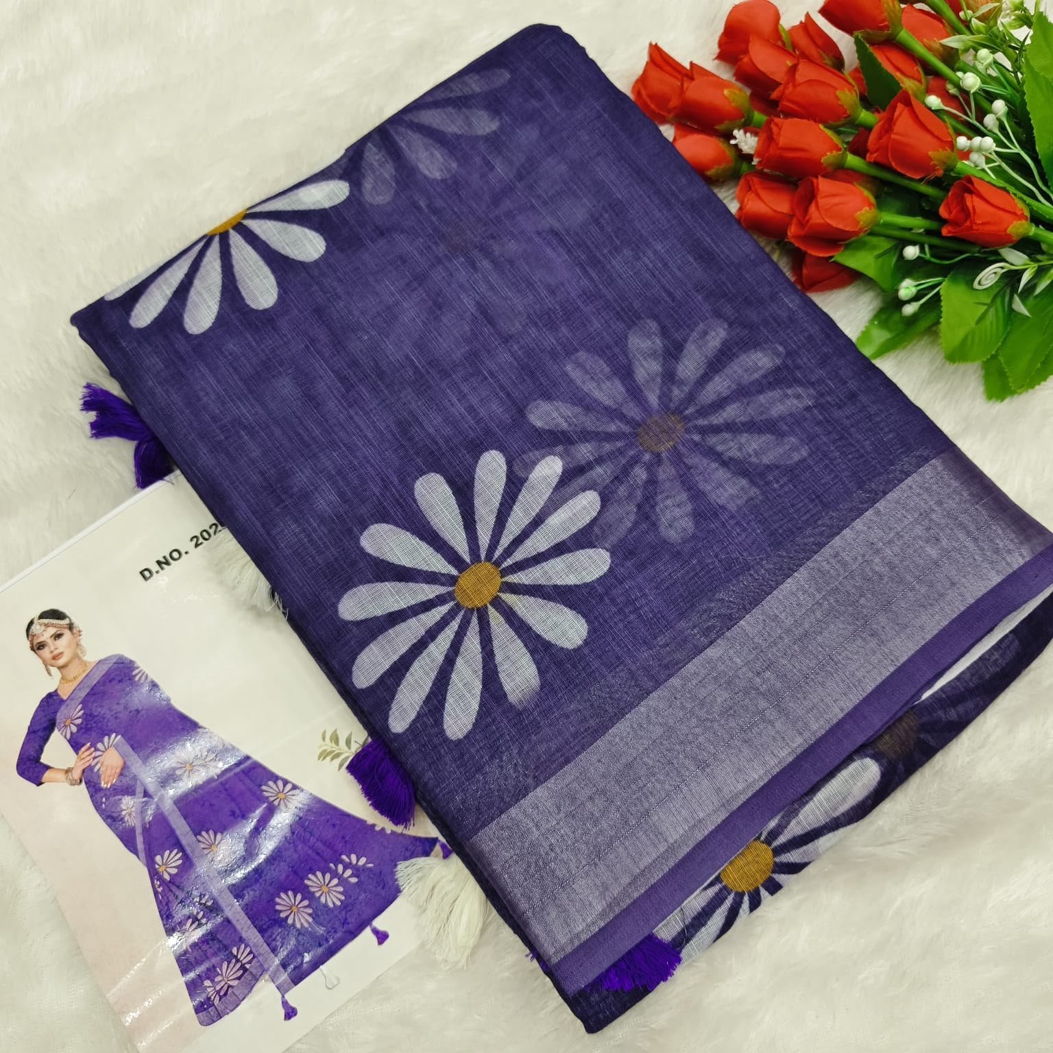 Pure Linen Cotton Sunflower Daisy Print Saree - Deep Purple