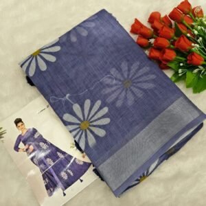 Pure Linen Cotton Sunflower Daisy Print Saree - Lavender Blue
