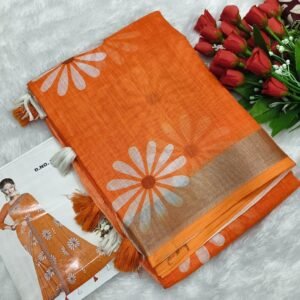 Pure Linen Cotton Sunflower Daisy Print Saree - Orange