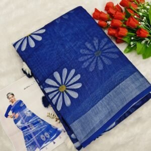 Pure Linen Cotton Sunflower Daisy Print Saree - Royal Blue