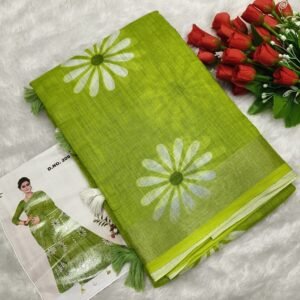 Pure Linen Cotton Sunflower Daisy Print Saree - Lime Green