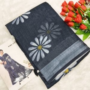 Pure Linen Cotton Sunflower Daisy Print Saree - Charcoal Grey