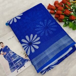 Pure Linen Cotton Sunflower Daisy Print Saree - Bright Blue