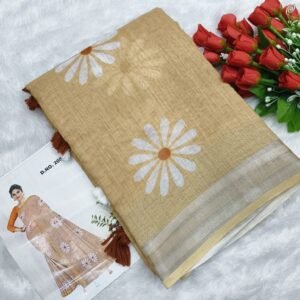 Pure Linen Cotton Sunflower Daisy Print Saree - Beige