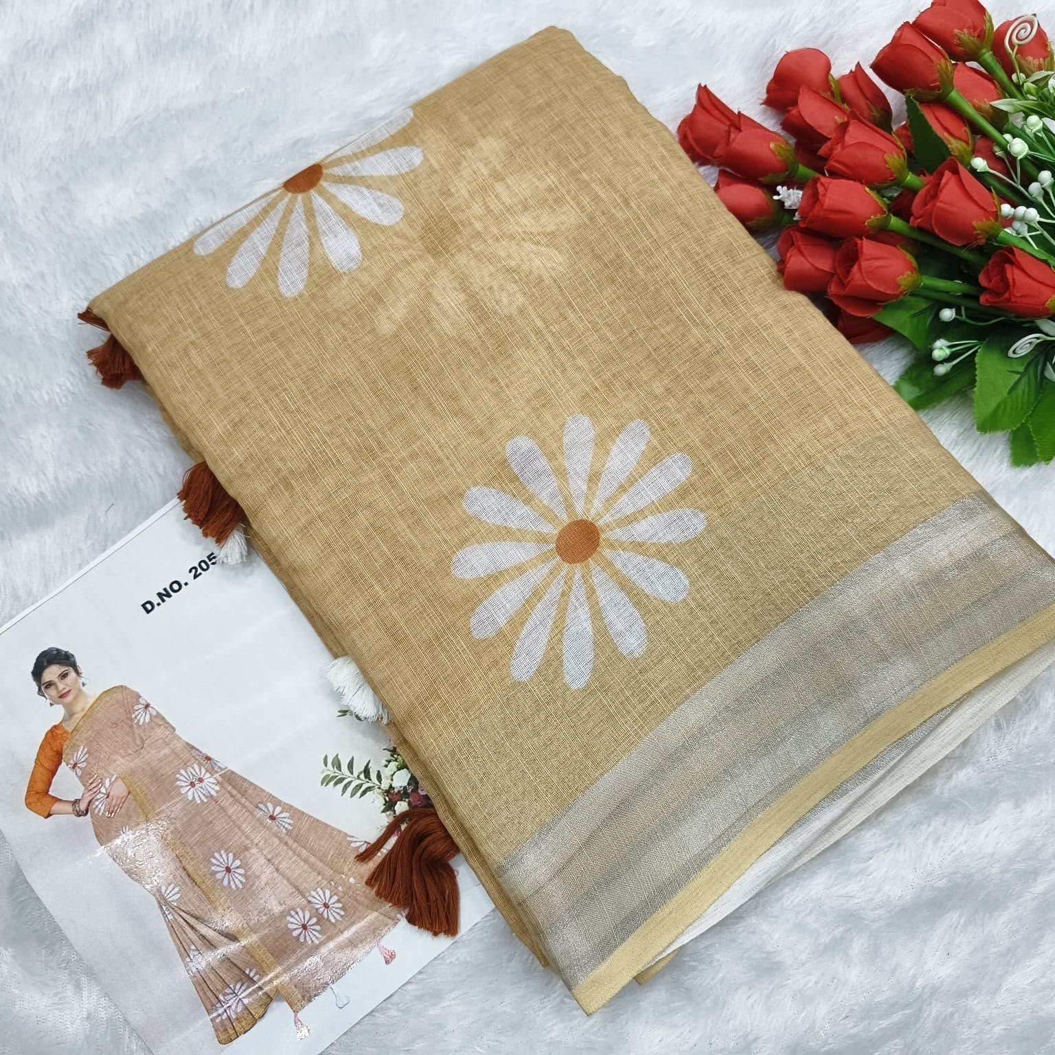 Pure Linen Cotton Sunflower Daisy Print Saree - Beige