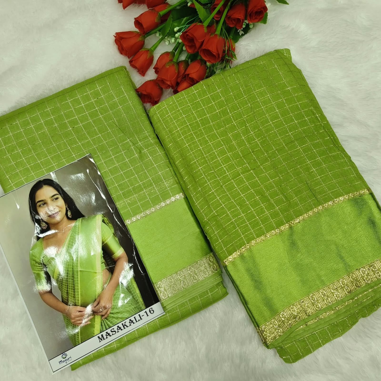 Viscose Georgette Satin Border Saree – Lime Green